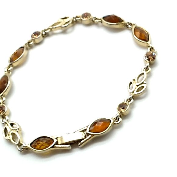 VTG Citrine & Amber Colored Faceted Rhinestone Gold-tone Leaves Link Bracelet - Picture 8 of 13